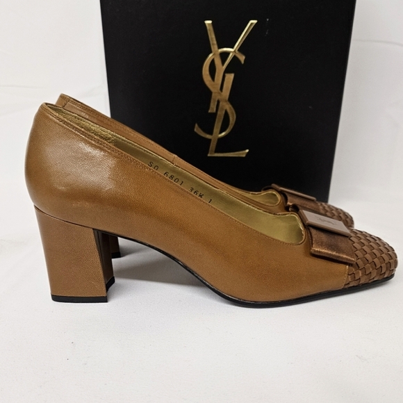 Yves Saint Laurent Woven Leather And Satin Bow Heels In Brown And Bronze Sz 6.5 - Picture 9 of 15